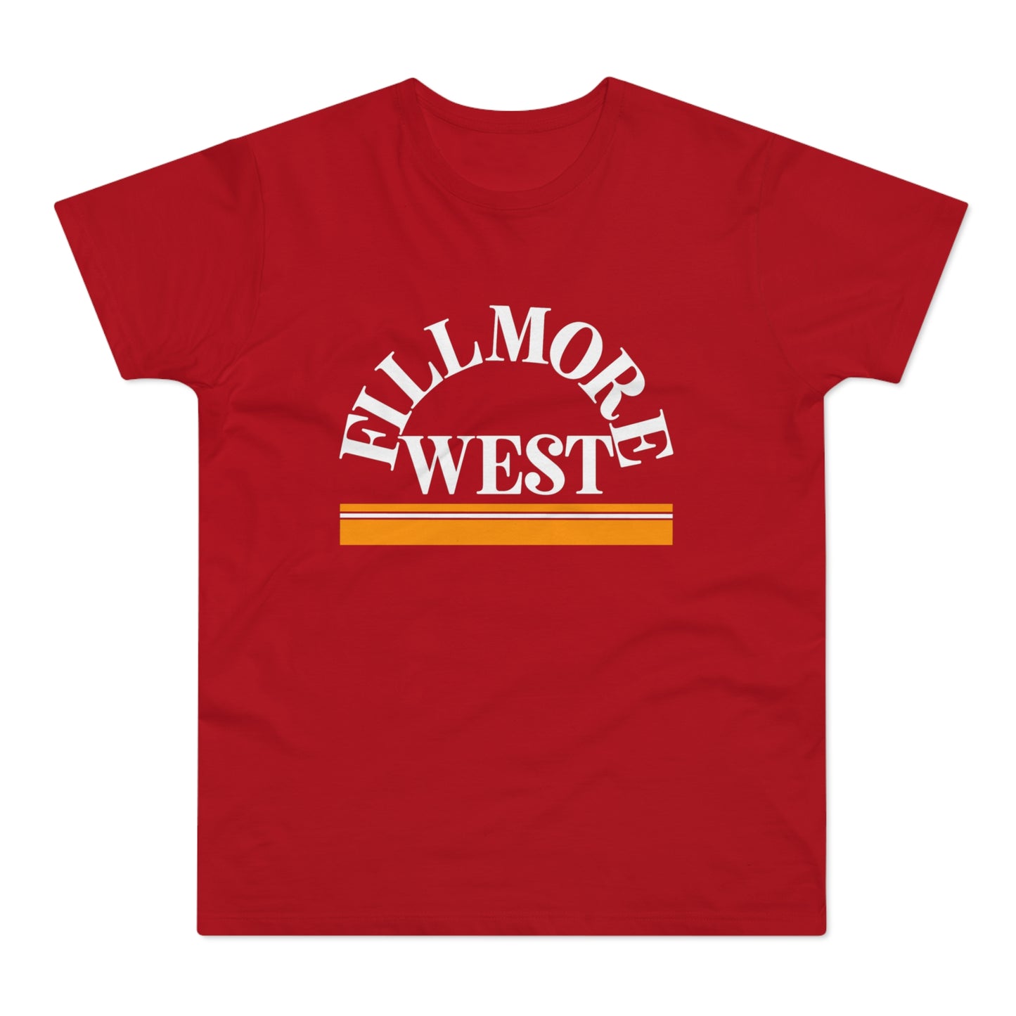 Red t-shirt with white arched "FILLMORE WEST" text and yellow/orange stripes.