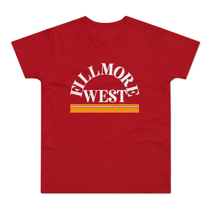 Red t-shirt with white arched "FILLMORE WEST" text and yellow/orange stripes.