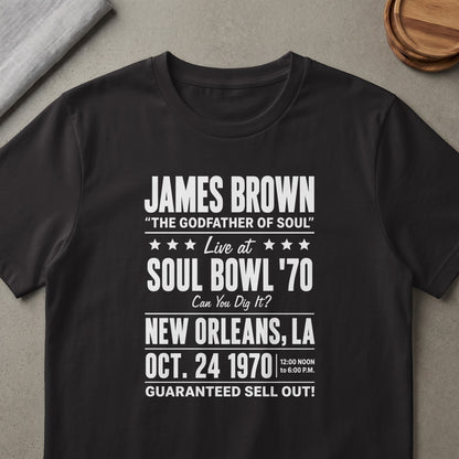 James Brown "The Godfather of Soul" Soul Bowl '70 New Orleans Oct. 24, 1970 t-shirt.