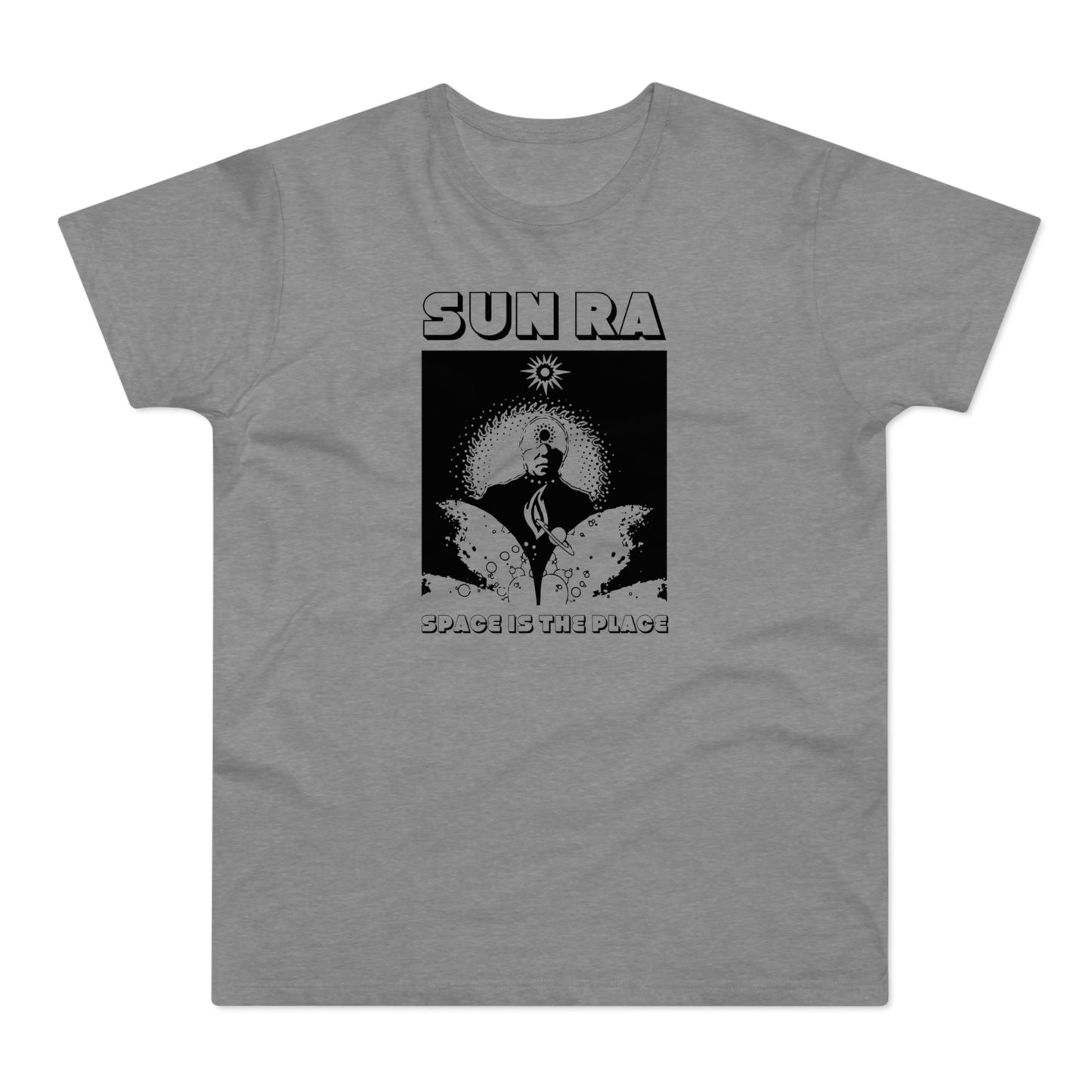Grey t-shirt printing "SUN RA SPACE IS THE PLACE" with a cosmic graphic.