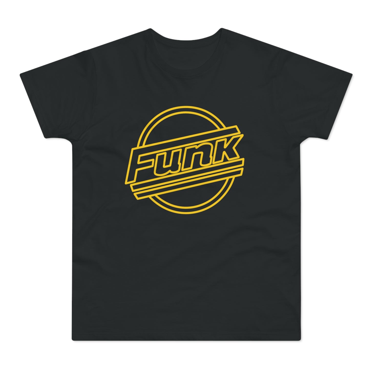 Black t-shirt with a yellow outline graphic that reads "Funk".
