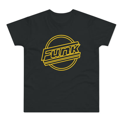 Black t-shirt with a yellow outline graphic that reads "Funk".