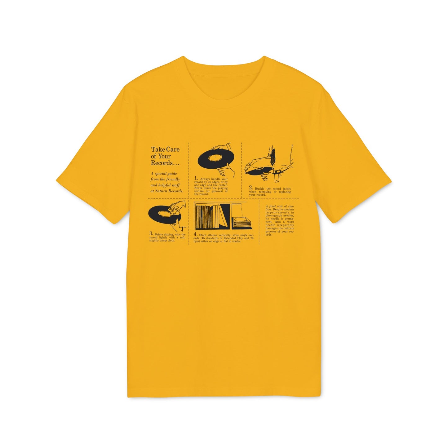 T-shirt with illustrated vinyl record care instructions from Saturn Records.