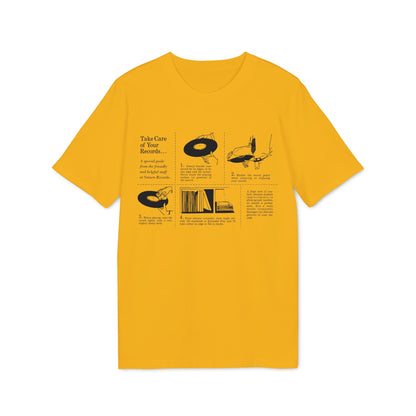 T-shirt with illustrated vinyl record care instructions from Saturn Records.