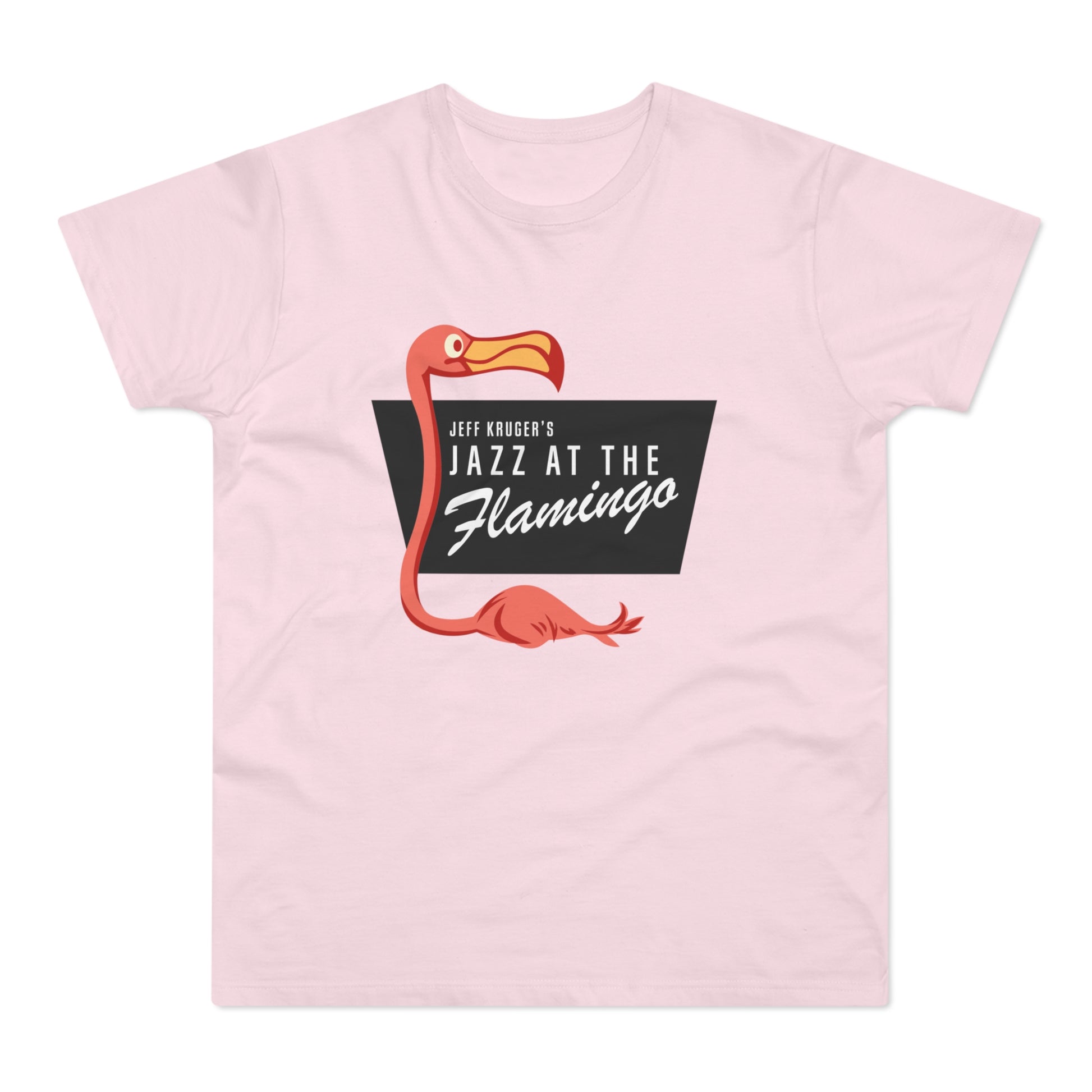 Pink t-shirt with Jeff Kruger's Jazz at the Flamingo logo and flamingo graphic.