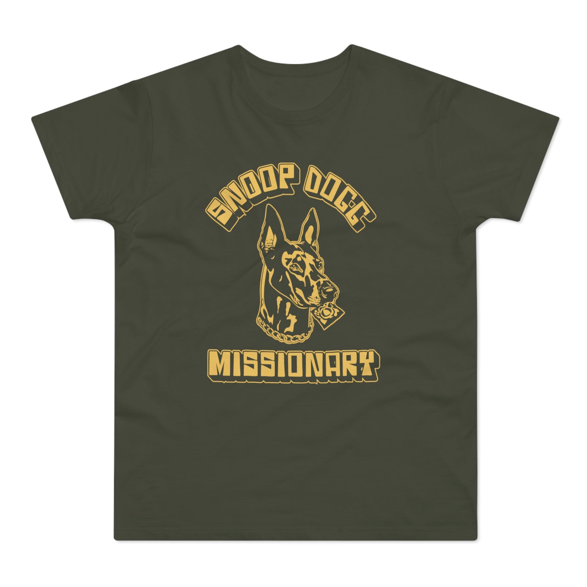 Doberman wearing chain and condom, text "SNOOP DOGG MISSIONARY"