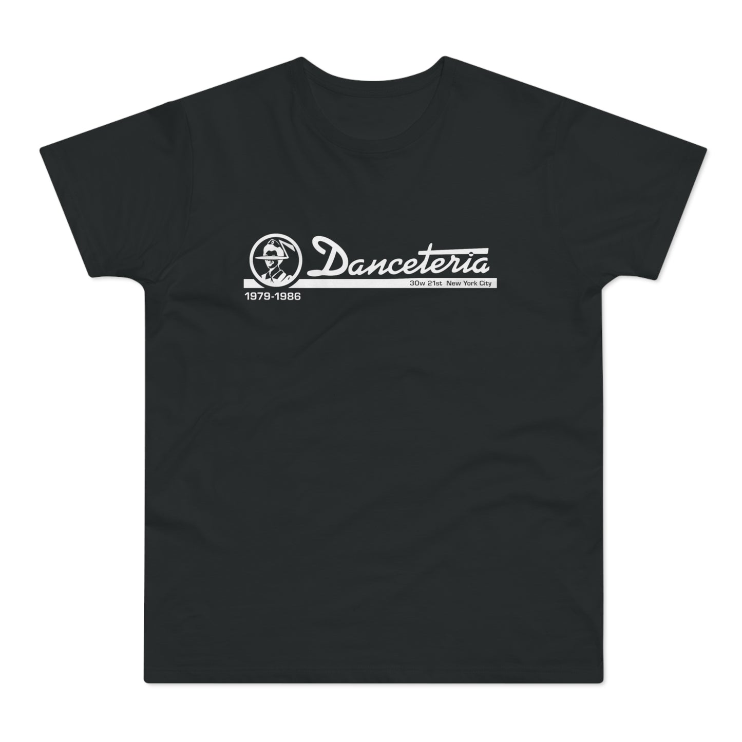 Black t-shirt with white "Danceteria" logo, 1979–1986, 30w 21st New York City.