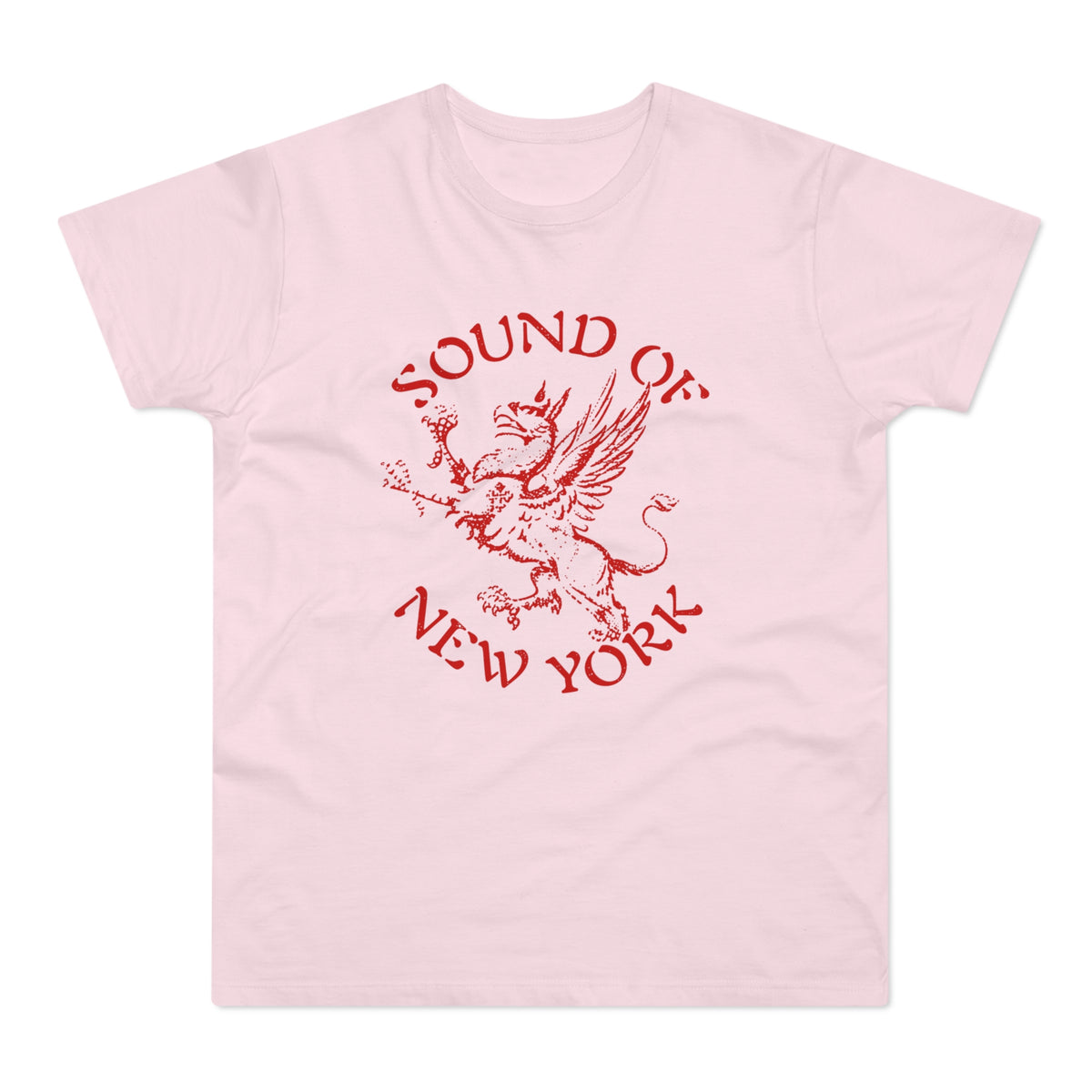 Pink t-shirt with red text "SOUND OF NEW YORK" and a griffin graphic.
