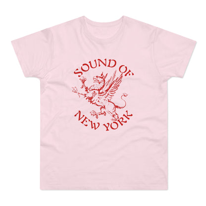 Pink t-shirt with red text "SOUND OF NEW YORK" and a griffin graphic.