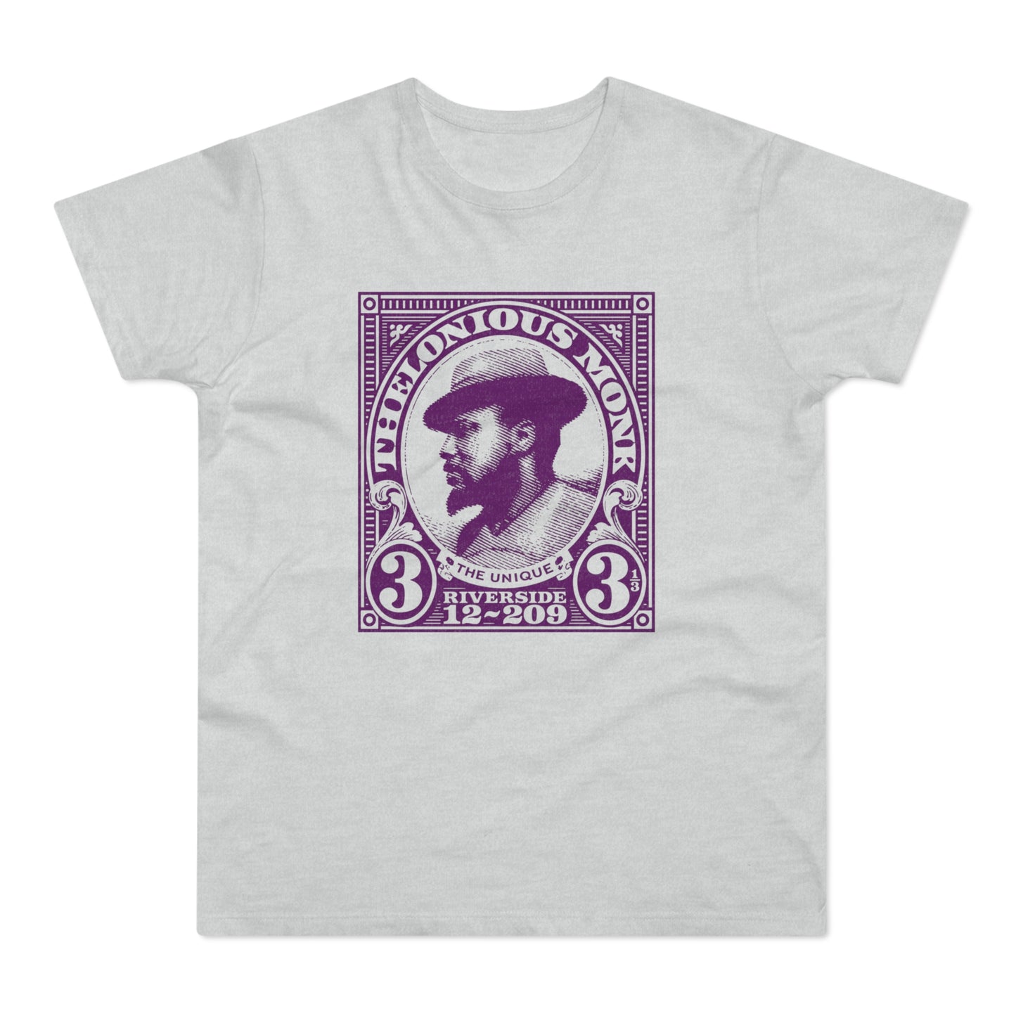 Purple graphic of Thelonious Monk with text "The Unique Riverside 12-209" on a light gray t-shirt.