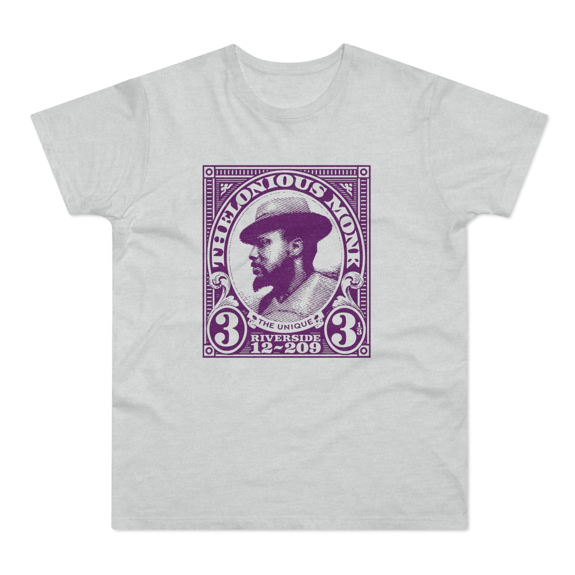 Purple graphic of Thelonious Monk with text "The Unique Riverside 12-209" on a light gray t-shirt.