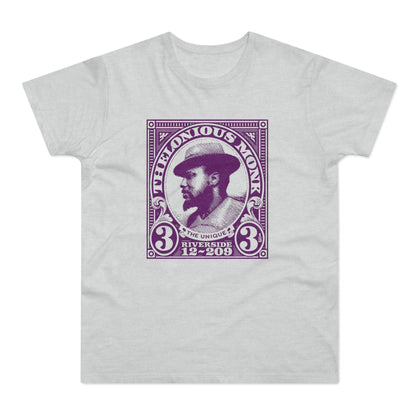 Purple graphic of Thelonious Monk with text "The Unique Riverside 12-209" on a light gray t-shirt.