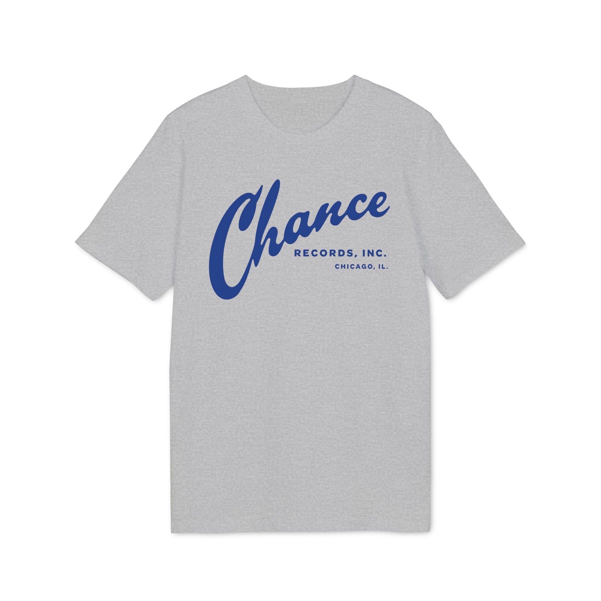 Grey t-shirt with blue 'Chance Records, Inc. Chicago, IL.' logo.