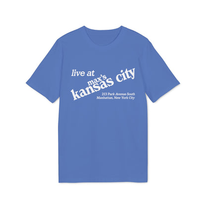 Blue t-shirt with white text: "live at max's kansas city 213 Park Avenue South Manhattan, New York City".