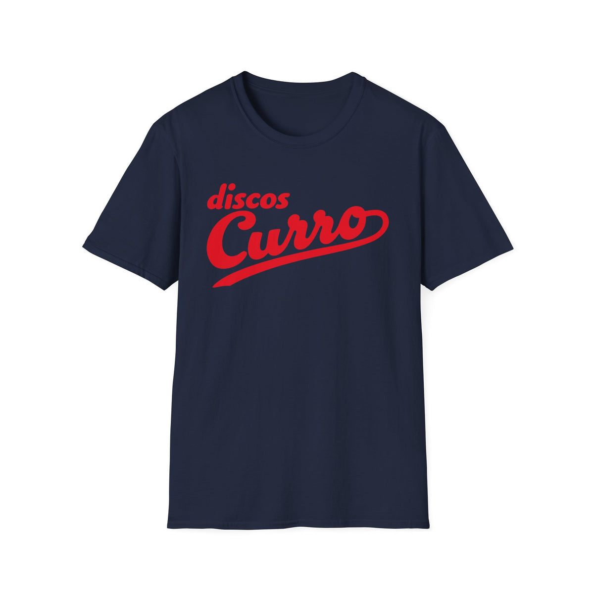 Navy t-shirt with red "discos Curro" text logo.