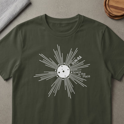 Dark green t-shirt with white Sun-Ra Space Is The Place graphic.