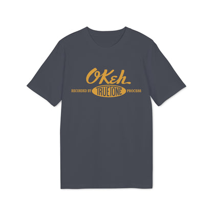 Dark grey t-shirt with "OKeh Recorded by TRUE ONE PROCESS" text in yellow.
