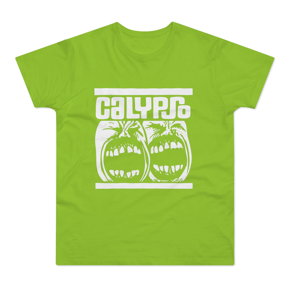 Green t-shirt with white text "CALYPSO" and screaming faces graphic.