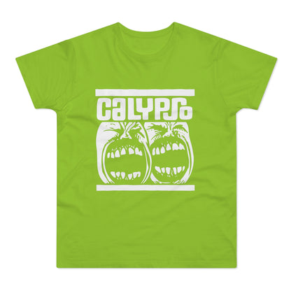 Green t-shirt with white text "CALYPSO" and screaming faces graphic.
