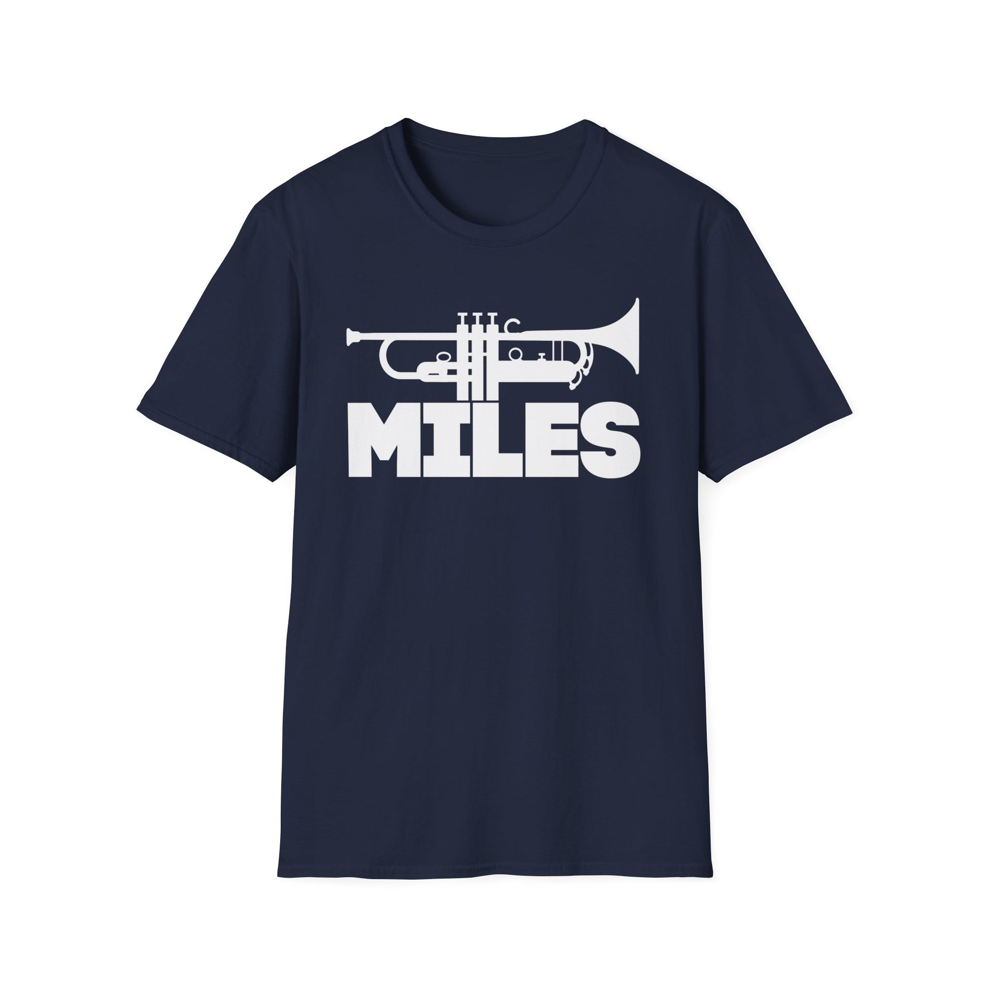 Navy t-shirt with white trumpet graphic and "MILES" text