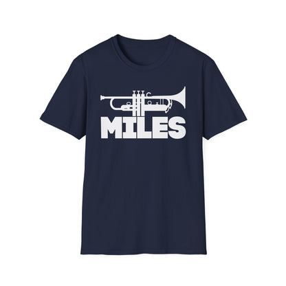 Navy t-shirt with white trumpet graphic and "MILES" text