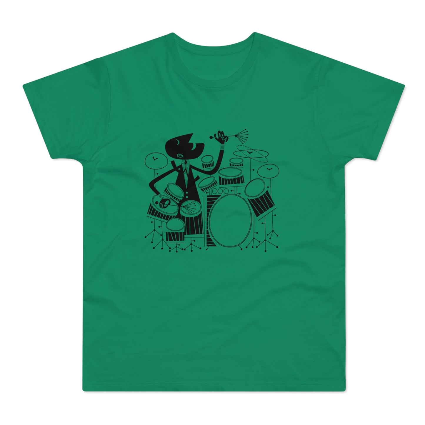 Black graphic of a drummer hitting a drum set on a green t-shirt.