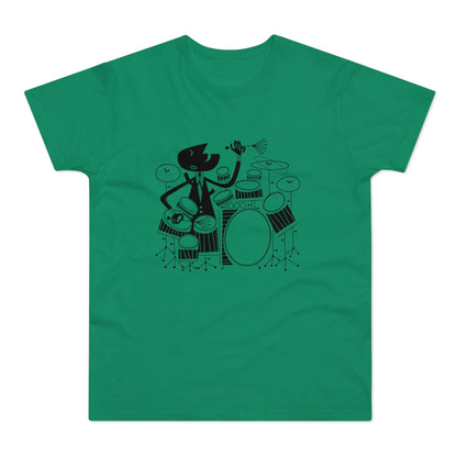 Black graphic of a drummer hitting a drum set on a green t-shirt.