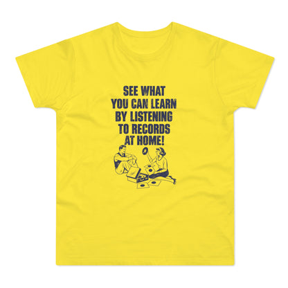 Yellow t-shirt with blue text and graphic of couple with record player and records.