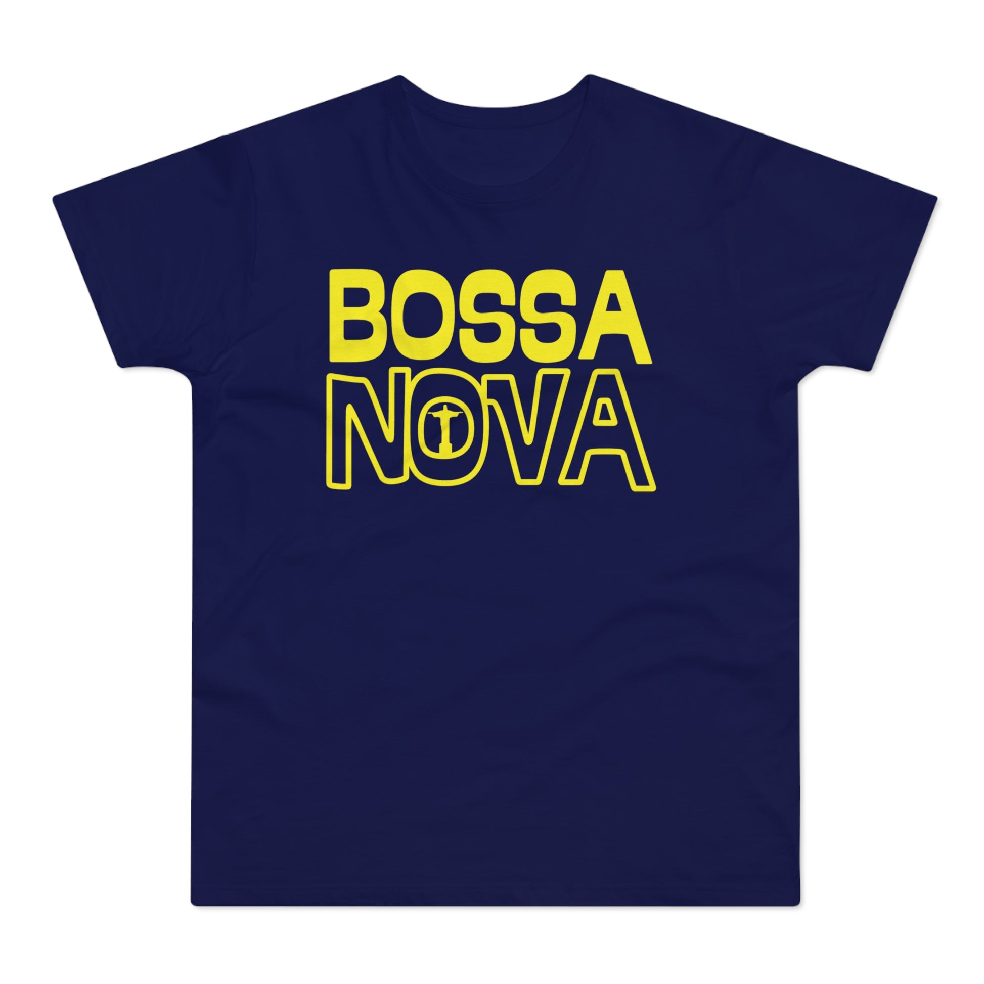 Navy t-shirt with yellow "BOSSA NOVA" text and a stylized Christ the Redeemer statue.