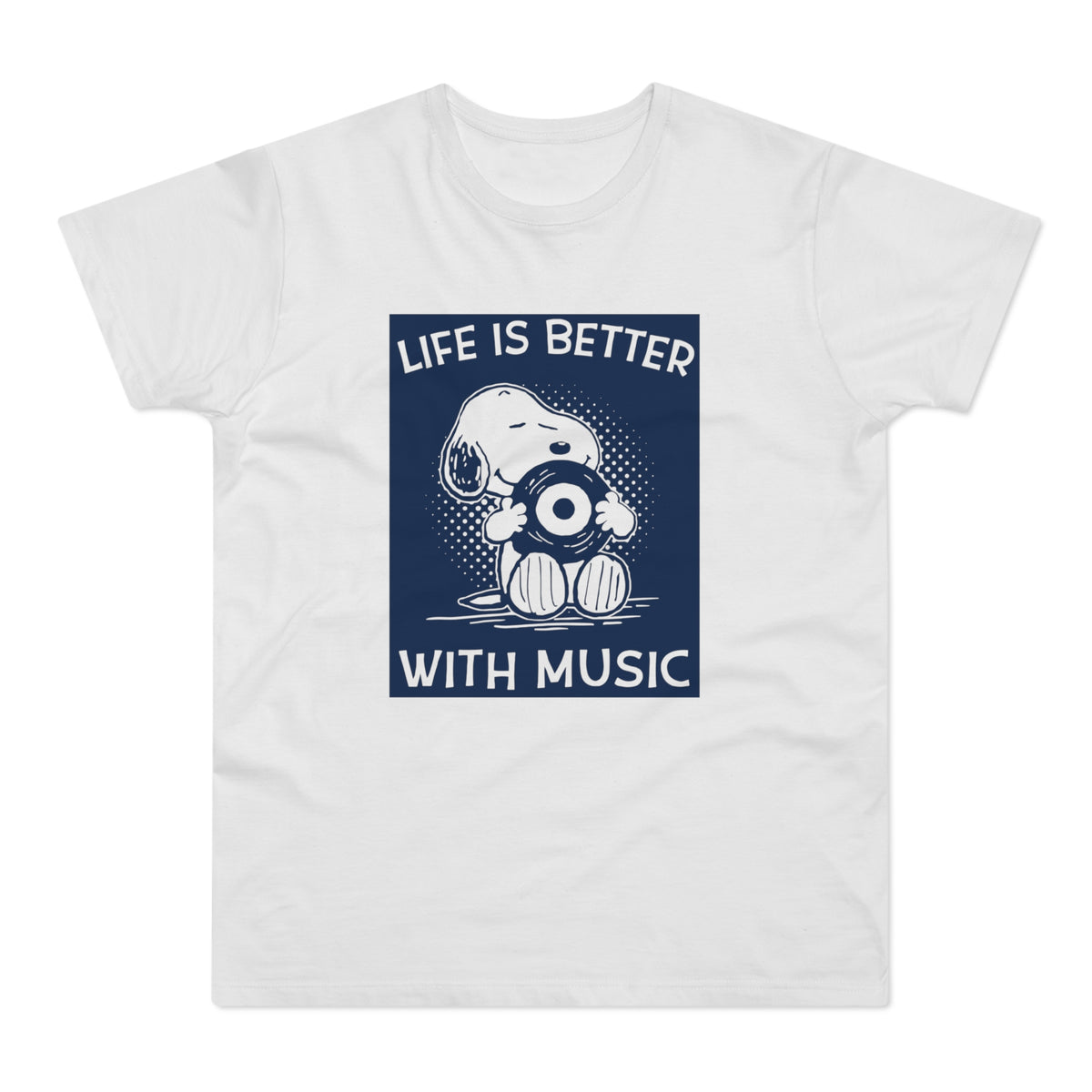 Snoopy holds a vinyl record with text "LIFE IS BETTER WITH MUSIC".