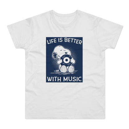 Snoopy holds a vinyl record with text "LIFE IS BETTER WITH MUSIC".