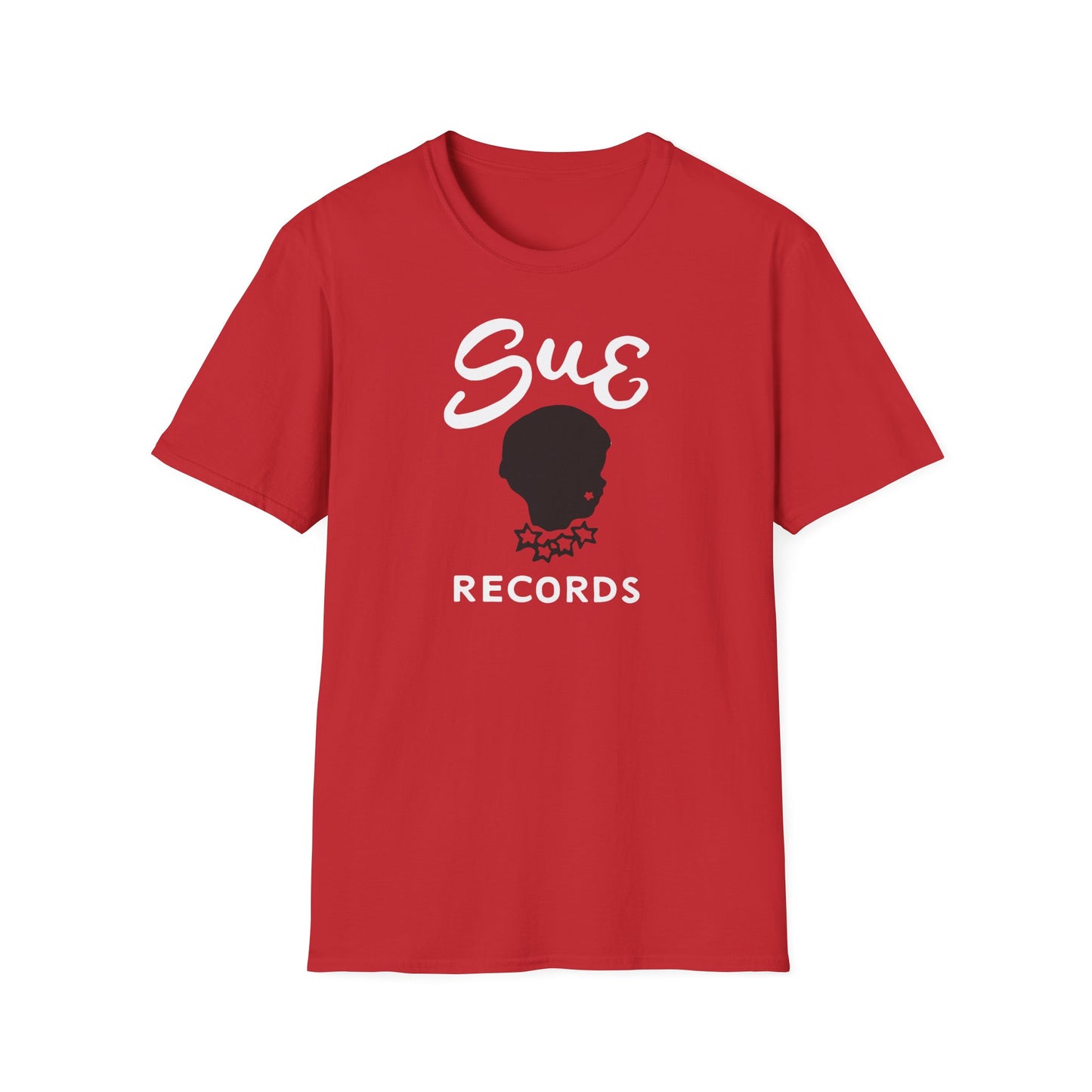 Red shirt with "Sue" and "Records" text and a black head profile graphic.