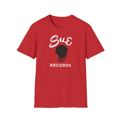 Red shirt with "Sue" and "Records" text and a black head profile graphic.