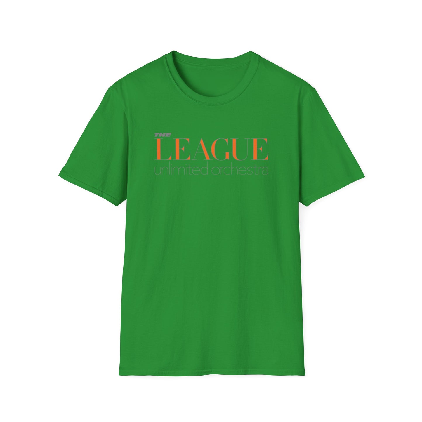 Green t-shirt with "The League Unlimited Orchestra" text graphic on the front.