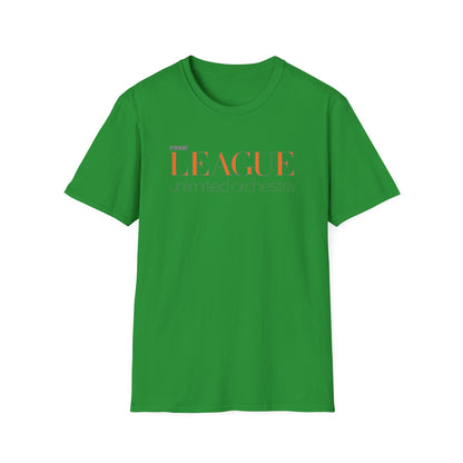 Green t-shirt with "The League Unlimited Orchestra" text graphic on the front.