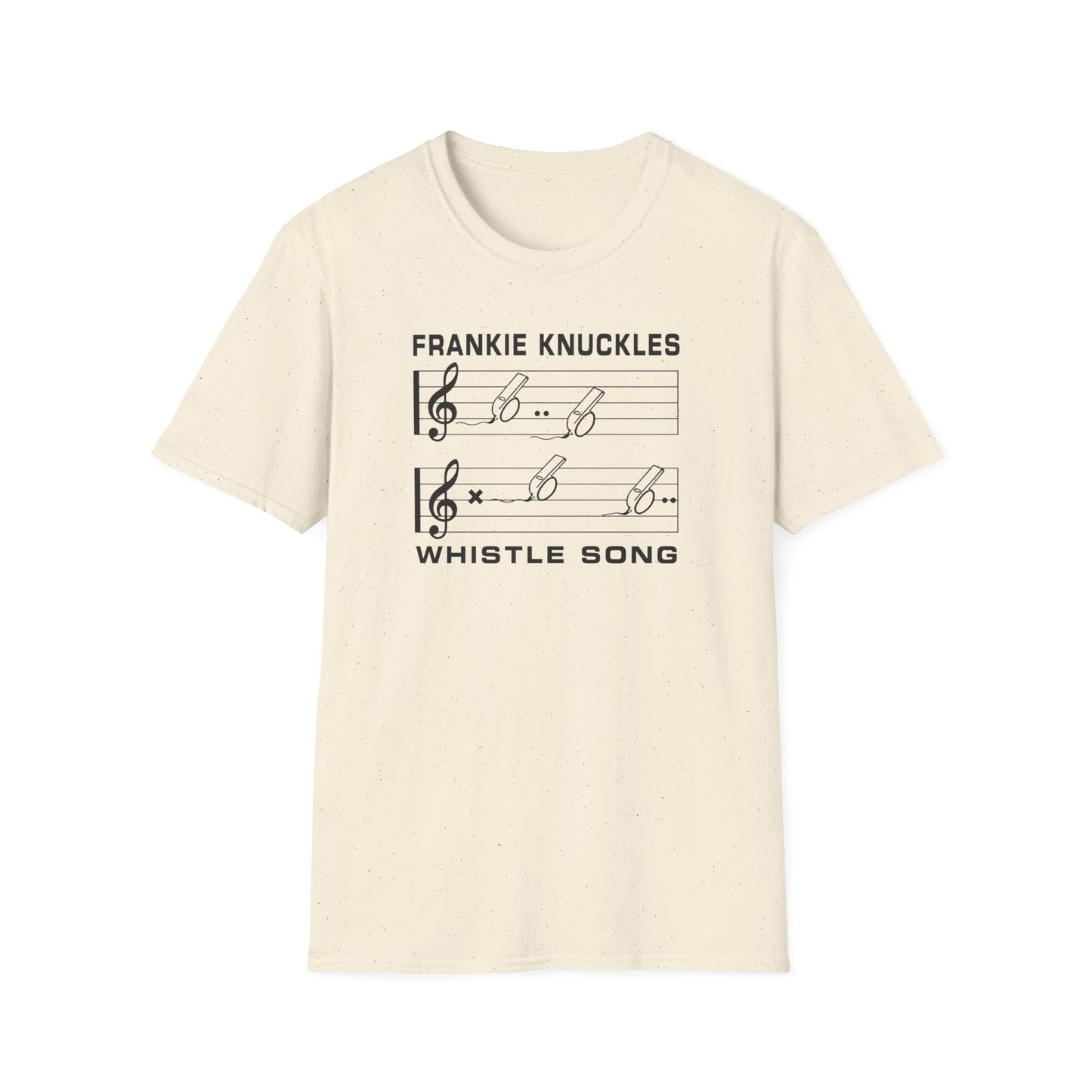 Cream t-shirt with "Frankie Knuckles Whistle Song" and musical notation.