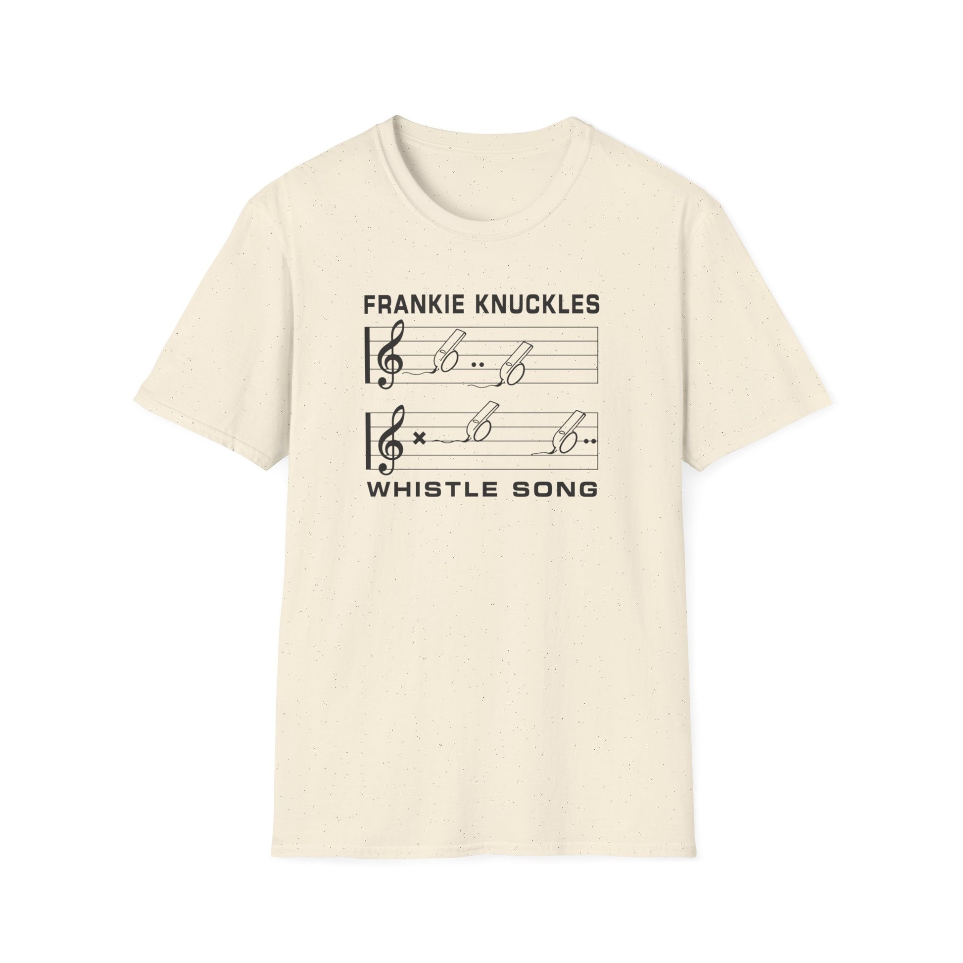 Cream t-shirt with "Frankie Knuckles Whistle Song" and musical notation.