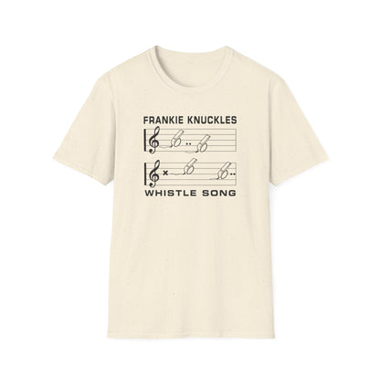 Cream t-shirt with "Frankie Knuckles Whistle Song" and musical notation.