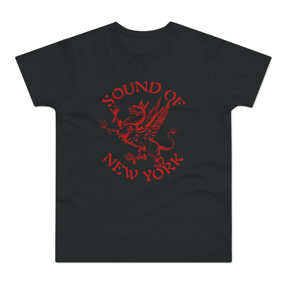 Black t-shirt with a red griffin and "SOUND OF NEW YORK" text.