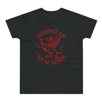 Black t-shirt with a red griffin and "SOUND OF NEW YORK" text.