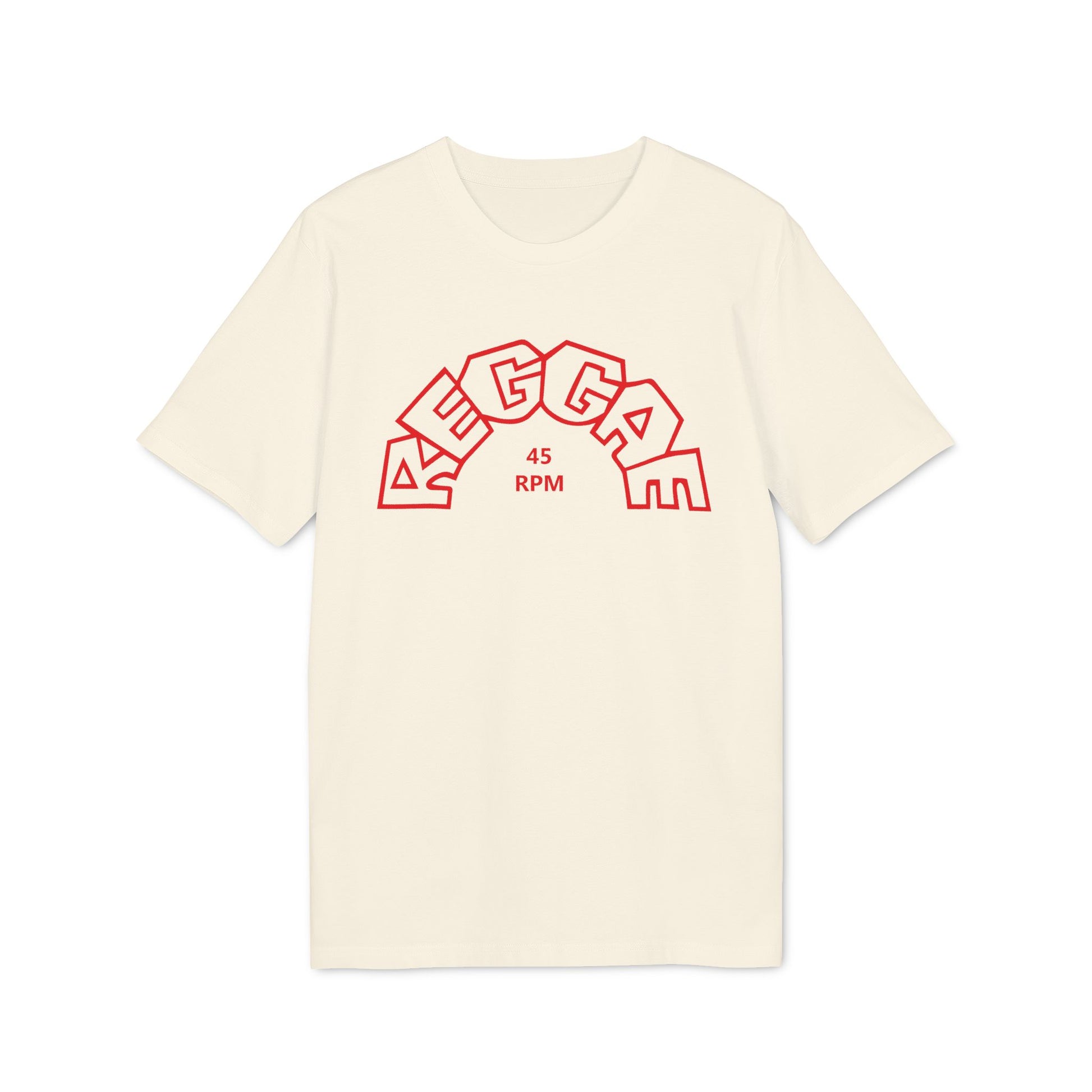 Cream t-shirt with red "REGGAE 45 RPM" text logo in an arched design.