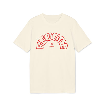 Cream t-shirt with red "REGGAE 45 RPM" text logo in an arched design.