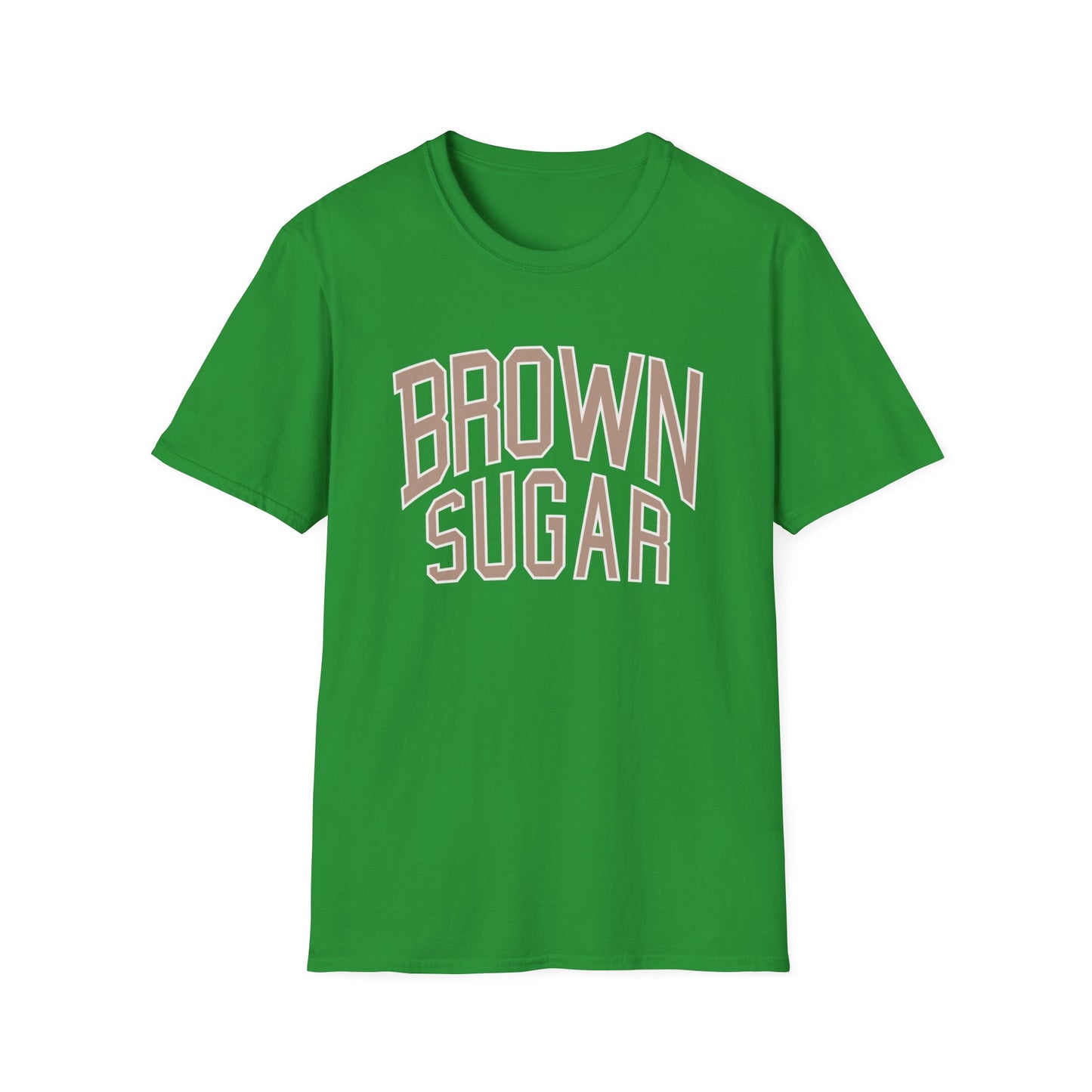 Green t-shirt with "BROWN SUGAR" text in tan collegiate style lettering.