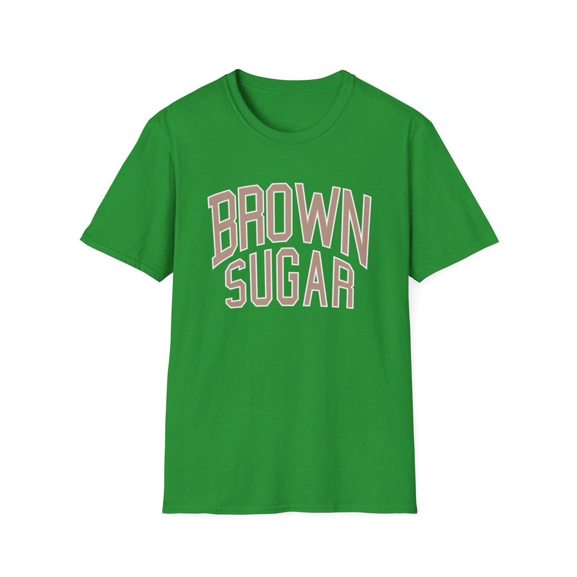 Green t-shirt with "BROWN SUGAR" text in tan collegiate style lettering.