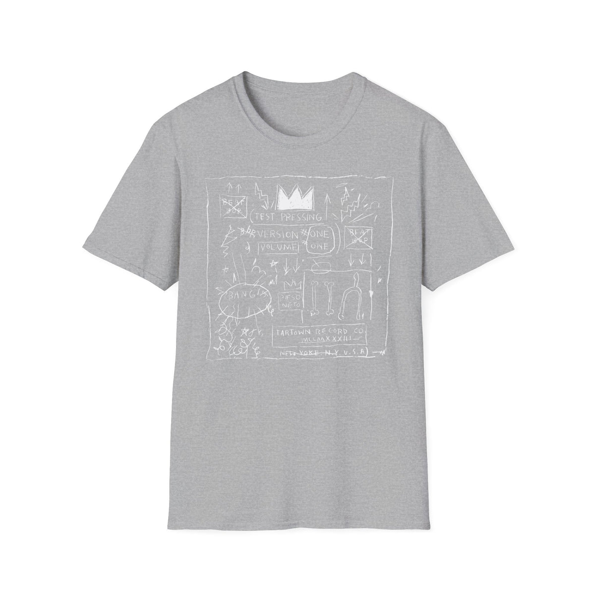Grey t-shirt with white line art of a crown and text including "Test Pressing".