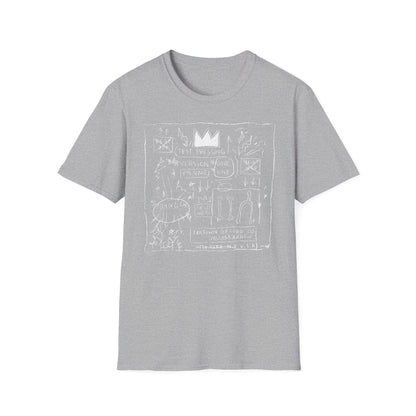 Grey t-shirt with white line art of a crown and text including "Test Pressing".