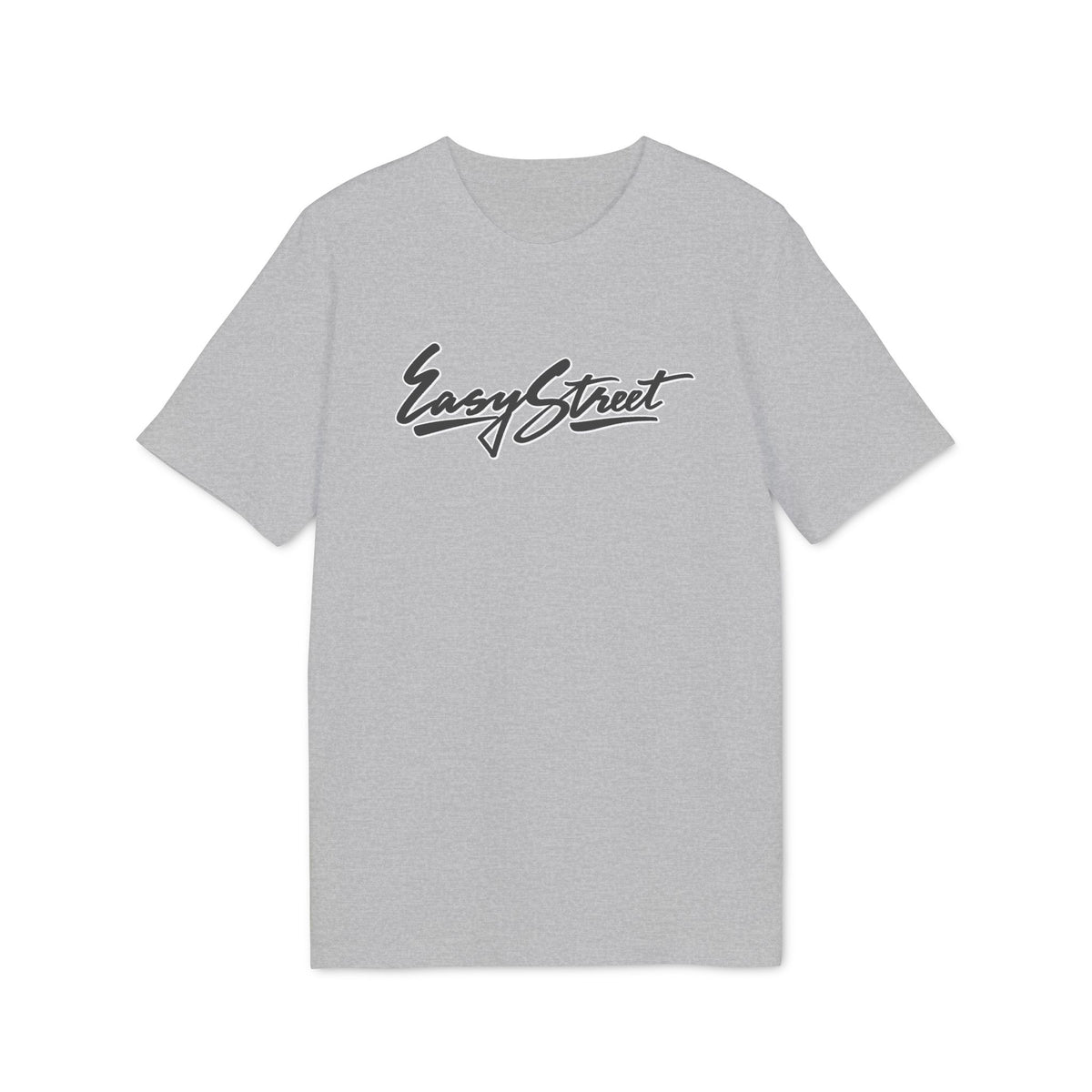 Grey t-shirt with black "Easy Street" script logo on the front.