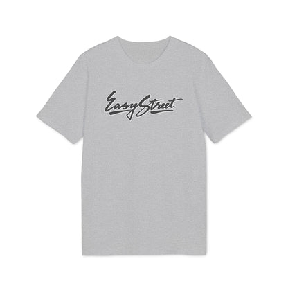 Grey t-shirt with black "Easy Street" script logo on the front.