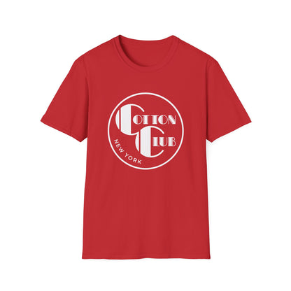 Red t-shirt with circular Cotton Club New York logo and graphic.