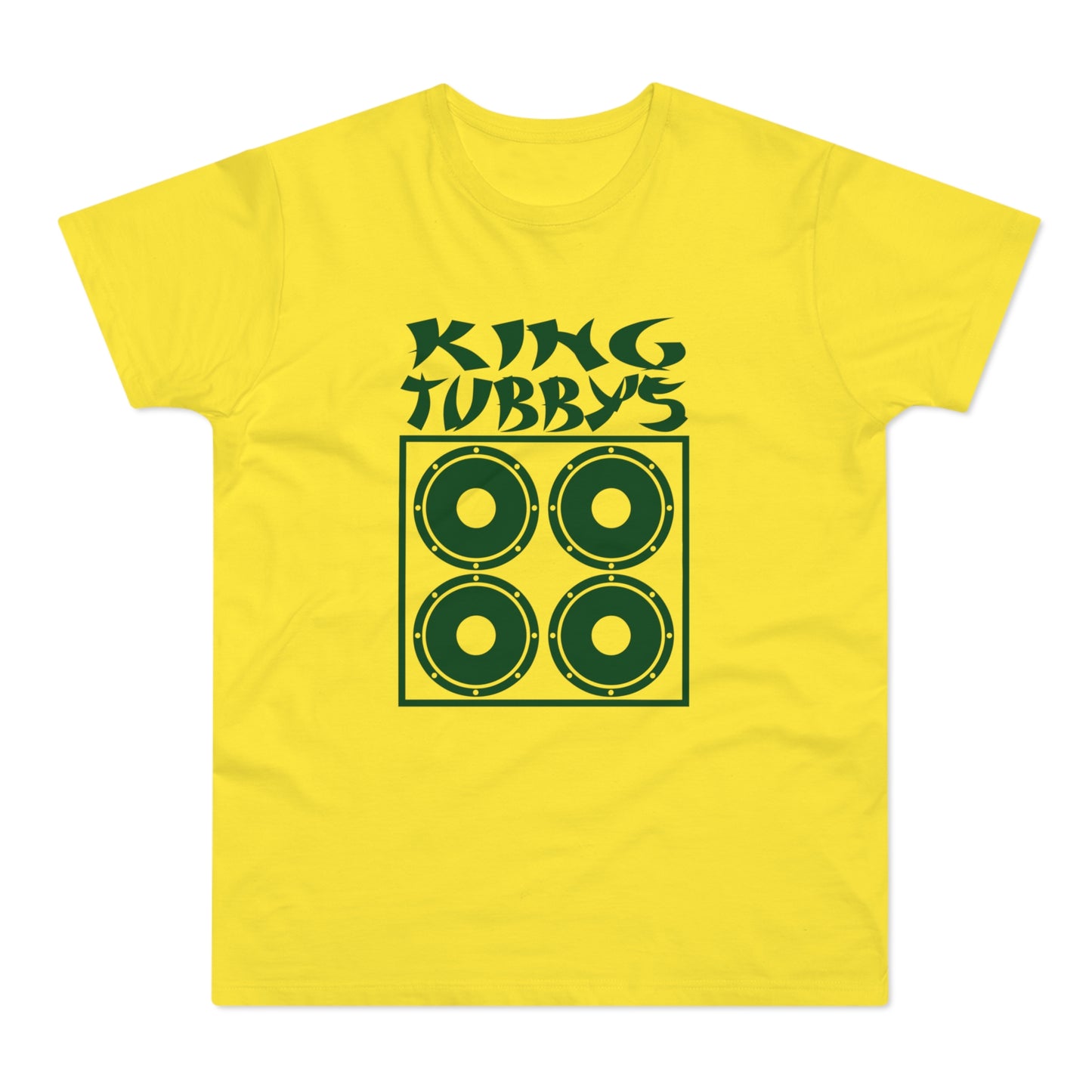 Yellow t-shirt with green "KING TUBBY'S" text and speaker graphic.